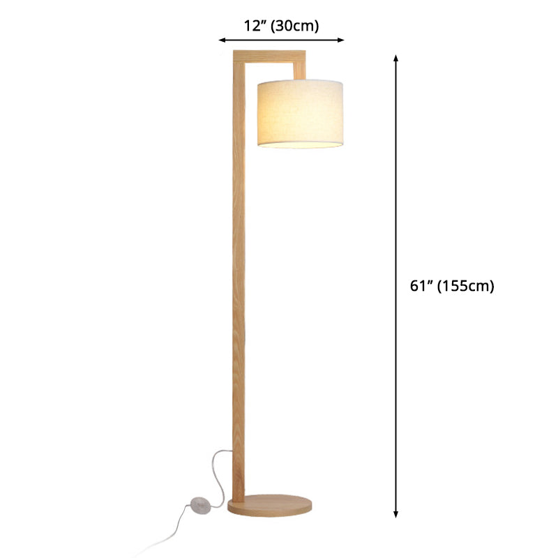 Wood Right Angle Arm Floor Lamp Asian Single Head Beige Floor Standing Lamp with Drum Fabric Shade Clearhalo 'Floor Lamps' 'Lamps' Lighting' 2544530