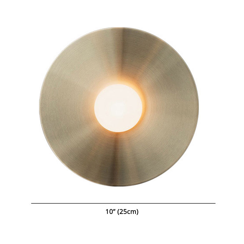 Gold Disk Flush Wall Sconce Postmodern 1-Bulb Metal Wall Light with Ball White Glass Shade Clearhalo 'Cast Iron' 'Glass' 'Industrial' 'Modern wall lights' 'Modern' 'Tiffany' 'Traditional wall lights' 'Wall Lamps & Sconces' 'Wall Lights' Lighting' 2544533