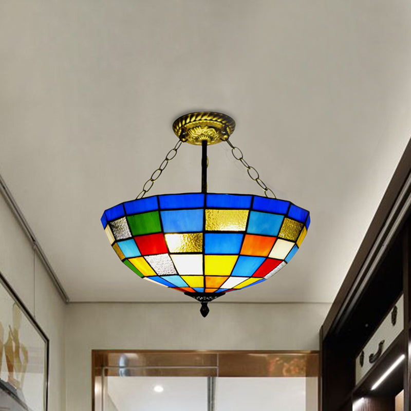 Stained Glass Lattice Dome Ceiling Light Cafe Tiffany Vintage Inverted Chandelier in Antique Brass Antique Brass Clearhalo 'Ceiling Lights' 'Close To Ceiling Lights' 'Close to ceiling' 'Glass shade' 'Glass' 'Semi-flushmount' 'Tiffany close to ceiling' 'Tiffany' Lighting' 254454