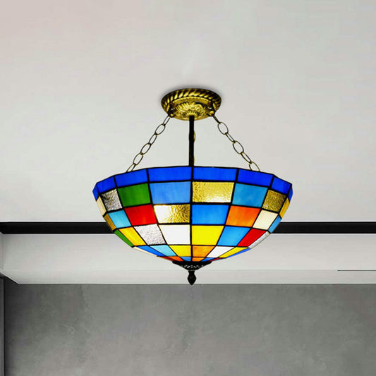 Stained Glass Lattice Dome Ceiling Light Cafe Tiffany Vintage Inverted Chandelier in Antique Brass Clearhalo 'Ceiling Lights' 'Close To Ceiling Lights' 'Close to ceiling' 'Glass shade' 'Glass' 'Semi-flushmount' 'Tiffany close to ceiling' 'Tiffany' Lighting' 254455