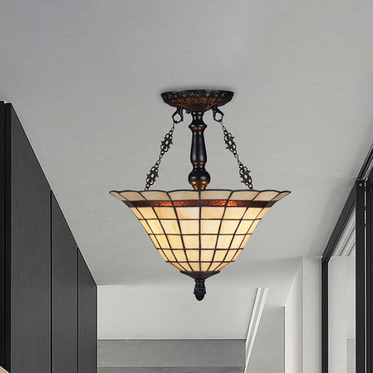 Glass Lattice Bell Chandelier Tiffany Antique Inverted Pendant Light in Beige for Restaurant Beige Clearhalo 'Ceiling Lights' 'Close To Ceiling Lights' 'Close to ceiling' 'Glass shade' 'Glass' 'Semi-flushmount' 'Tiffany close to ceiling' 'Tiffany' Lighting' 254458