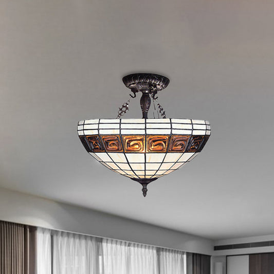 Hotel Lattice Dome Hanging Light Art Glass Tiffany Vintage White Chandelier for Cloth Shop Clearhalo 'Ceiling Lights' 'Close To Ceiling Lights' 'Close to ceiling' 'Glass shade' 'Glass' 'Semi-flushmount' 'Tiffany close to ceiling' 'Tiffany' Lighting' 254461