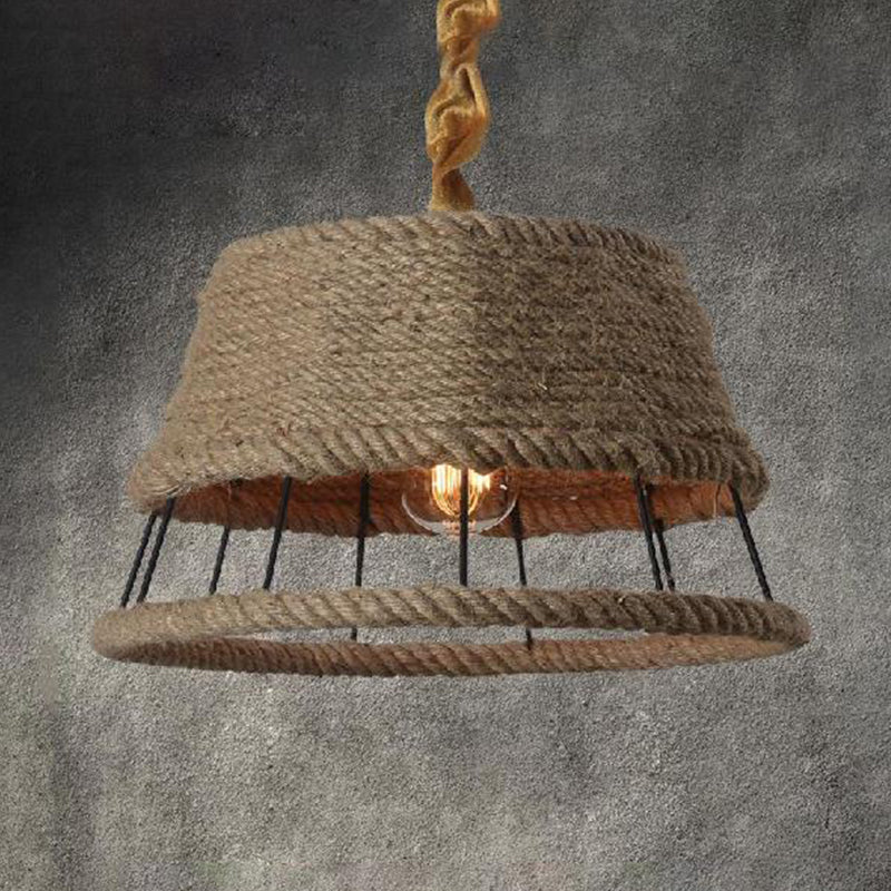 Hemp Rope Beige Pendant Light with Metal Cage Shade 1 Head Lodge Hanging Light Fixture for Restaurant Clearhalo 'Ceiling Lights' 'Industrial Pendants' 'Industrial' 'Middle Century Pendants' 'Pendant Lights' 'Pendants' 'Tiffany' Lighting' 254467