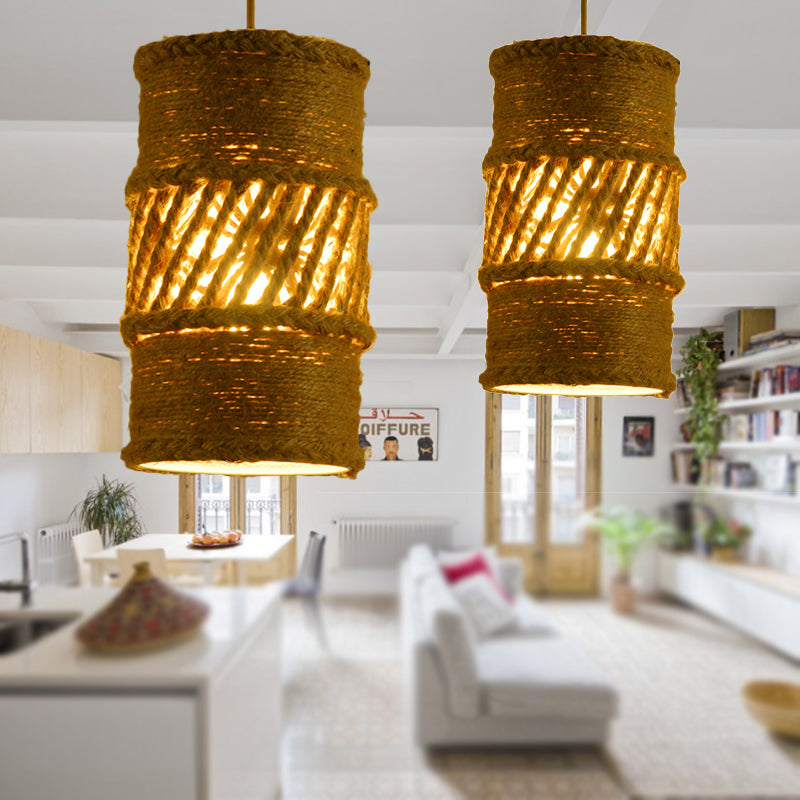 1 Bulb Hanging Lamp Farmhouse Style Cylindrical Rope Ceiling Lamp in Beige for Restaurant Clearhalo 'Ceiling Lights' 'Industrial Pendants' 'Industrial' 'Middle Century Pendants' 'Pendant Lights' 'Pendants' 'Tiffany' Lighting' 254477
