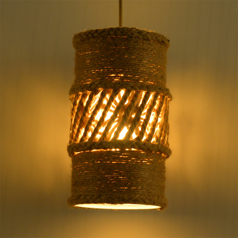 1 Bulb Hanging Lamp Farmhouse Style Cylindrical Rope Ceiling Lamp in Beige for Restaurant Clearhalo 'Ceiling Lights' 'Industrial Pendants' 'Industrial' 'Middle Century Pendants' 'Pendant Lights' 'Pendants' 'Tiffany' Lighting' 254478