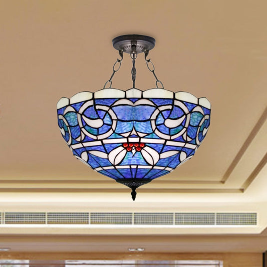 Inverted Semi Flushmount with Stained Glass Bowl Shade Tiffany Rustic 3 Lights Ceiling Light Blue Clearhalo 'Ceiling Lights' 'Close To Ceiling Lights' 'Close to ceiling' 'Glass shade' 'Glass' 'Pendant Lights' 'Semi-flushmount' 'Tiffany close to ceiling' 'Tiffany' Lighting' 254481