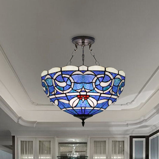 Inverted Semi Flushmount with Stained Glass Bowl Shade Tiffany Rustic 3 Lights Ceiling Light Clearhalo 'Ceiling Lights' 'Close To Ceiling Lights' 'Close to ceiling' 'Glass shade' 'Glass' 'Pendant Lights' 'Semi-flushmount' 'Tiffany close to ceiling' 'Tiffany' Lighting' 254482