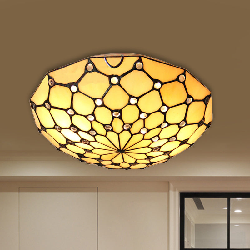 Stained Glass Bowl Flush Light Rustic Loft 2 Bulbs Flush Ceiling Light in Beige for Bedroom Beige Clearhalo 'Ceiling Lights' 'Close To Ceiling Lights' 'Close to ceiling' 'Flush mount' Lighting' 254504
