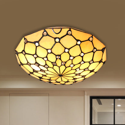 Stained Glass Bowl Flush Light Rustic Loft 2 Bulbs Flush Ceiling Light in Beige for Bedroom Beige Clearhalo 'Ceiling Lights' 'Close To Ceiling Lights' 'Close to ceiling' 'Flush mount' Lighting' 254504