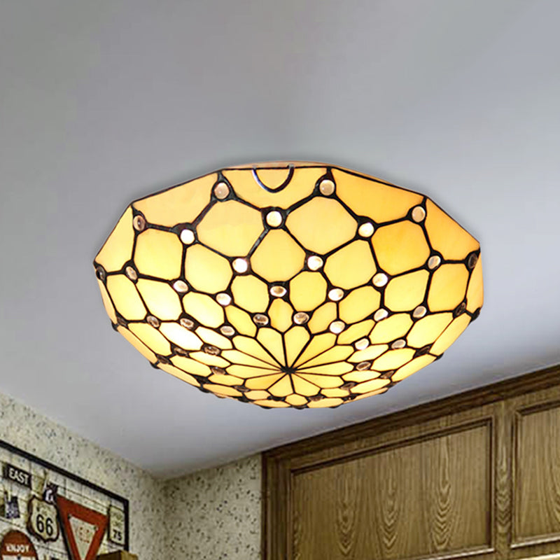 Stained Glass Bowl Flush Light Rustic Loft 2 Bulbs Flush Ceiling Light in Beige for Bedroom Clearhalo 'Ceiling Lights' 'Close To Ceiling Lights' 'Close to ceiling' 'Flush mount' Lighting' 254505