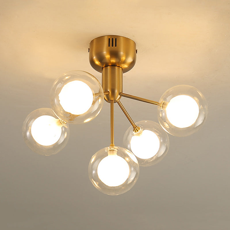 5 Lights Orbit Semi Flush Ceiling Light 5 Lights Modern Style Glass Ceiling Lamp for Foyer Hallway Gold Clearhalo 'Ceiling Lights' 'Close To Ceiling Lights' 'Close to ceiling' 'Glass shade' 'Glass' 'Semi-flushmount' Lighting' 254506