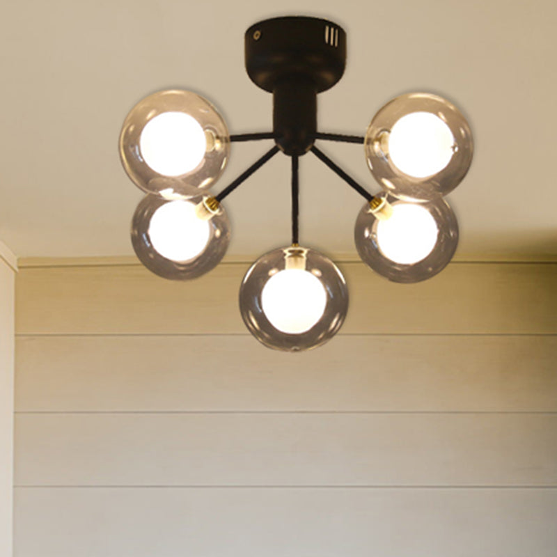 5 Lights Orbit Semi Flush Ceiling Light 5 Lights Modern Style Glass Ceiling Lamp for Foyer Hallway Black Clearhalo 'Ceiling Lights' 'Close To Ceiling Lights' 'Close to ceiling' 'Glass shade' 'Glass' 'Semi-flushmount' Lighting' 254508
