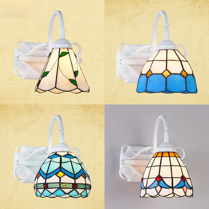 Retro Style Domed Wall Light Fixture Stained Glass 1 Light Down Lighting Wall Mount Fixture in Beige/Blue/Blue-White/White Clearhalo 'Industrial' 'Middle century wall lights' 'Tiffany wall lights' 'Tiffany' 'Wall Lamps & Sconces' 'Wall Lights' Lighting' 25461