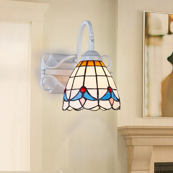 Retro Style Domed Wall Light Fixture Stained Glass 1 Light Down Lighting Wall Mount Fixture in Beige/Blue/Blue-White/White White Clearhalo 'Industrial' 'Middle century wall lights' 'Tiffany wall lights' 'Tiffany' 'Wall Lamps & Sconces' 'Wall Lights' Lighting' 25463