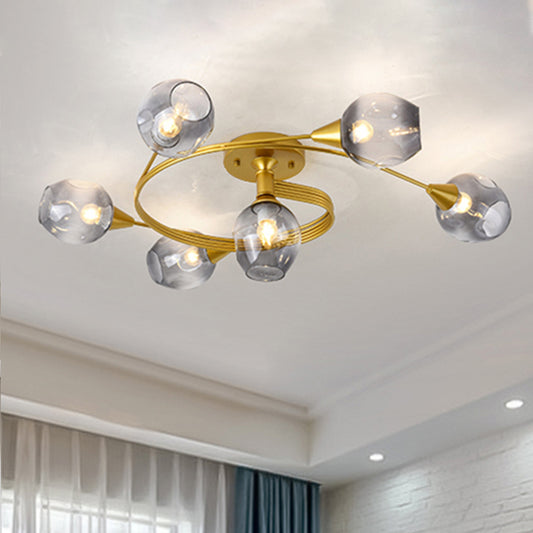Bud Shade Study Room Ceiling Light with Gold Twist Arm Glass Modern Semi Flushmount Light in Smoke Gray 6 Gold Clearhalo 'Ceiling Lights' 'Close To Ceiling Lights' 'Close to ceiling' 'Glass shade' 'Glass' 'Semi-flushmount' Lighting' 254631