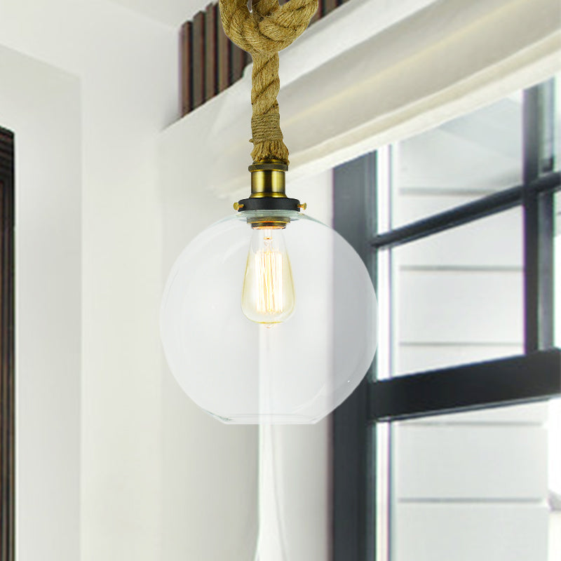 Transparent Global Pendant Lighting Industrial Style Glass 1 Light Kitchen Ceiling Fixture with Rope Brass Clearhalo 'Ceiling Lights' 'Glass shade' 'Glass' 'Industrial Pendants' 'Industrial' 'Middle Century Pendants' 'Pendant Lights' 'Pendants' 'Tiffany' Lighting' 254644