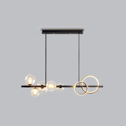 Ring and Globe Island Lamp Contemporary Glass 7-Head Hanging Light for Dining Room Black Clear Warm Clearhalo 'Ceiling Lights' 'Glass shade' 'Glass' 'Island Lights' Lighting' 2546470