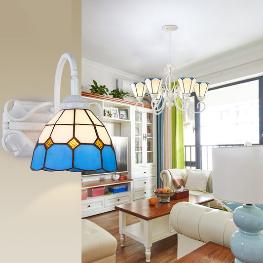 Retro Style Domed Wall Light Fixture Stained Glass 1 Light Down Lighting Wall Mount Fixture in Beige/Blue/Blue-White/White Blue-White Clearhalo 'Industrial' 'Middle century wall lights' 'Tiffany wall lights' 'Tiffany' 'Wall Lamps & Sconces' 'Wall Lights' Lighting' 25465