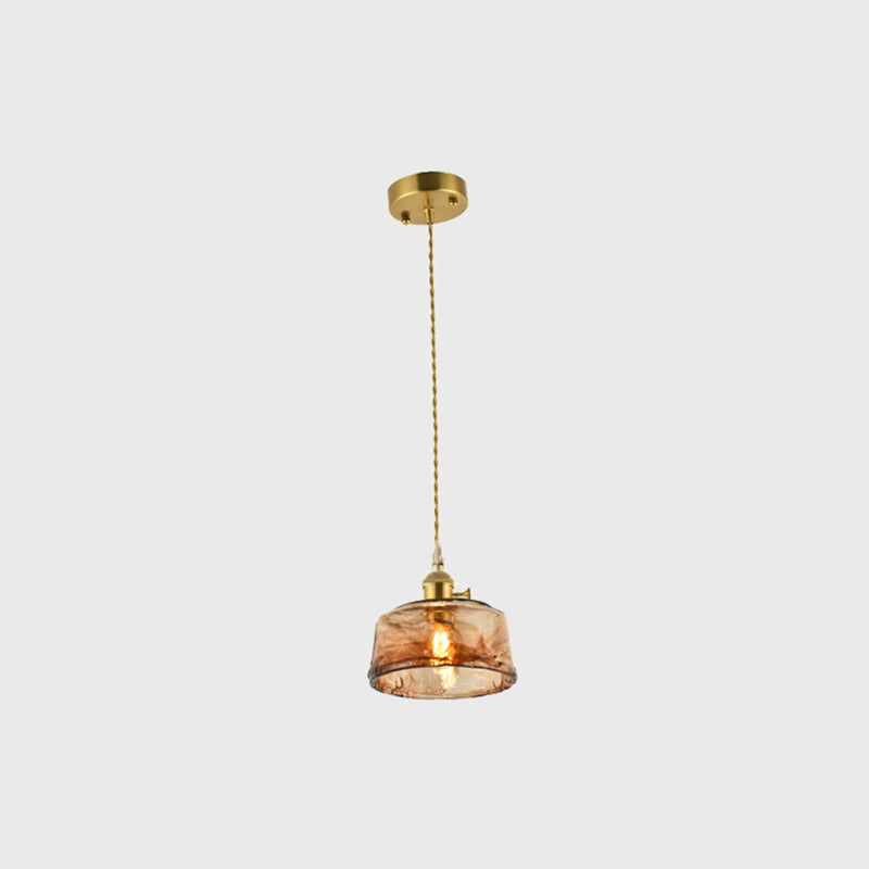 Brass Shaded Drop Pendant Vintage Handmade Tan Glass 1-Bulb Living Room Pendulum Light Brass Drum Clearhalo 'Ceiling Lights' 'Glass shade' 'Glass' 'Industrial Pendants' 'Industrial' 'Middle Century Pendants' 'Pendant Lights' 'Pendants' 'Tiffany' Lighting' 2546608