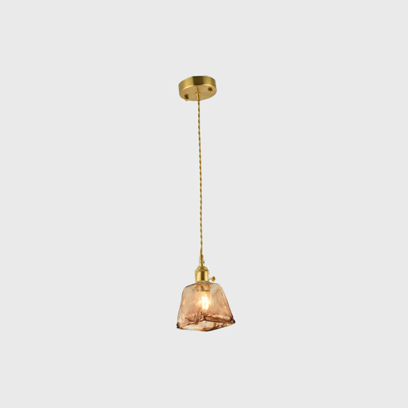 Brass Shaded Drop Pendant Vintage Handmade Tan Glass 1-Bulb Living Room Pendulum Light Brass Trapezoid Clearhalo 'Ceiling Lights' 'Glass shade' 'Glass' 'Industrial Pendants' 'Industrial' 'Middle Century Pendants' 'Pendant Lights' 'Pendants' 'Tiffany' Lighting' 2546609