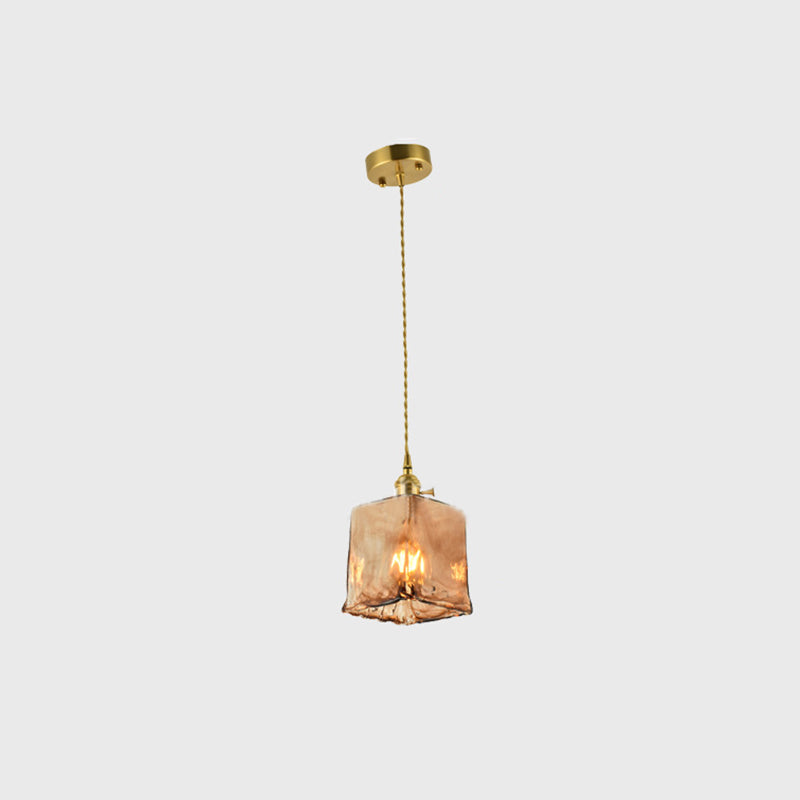 Brass Shaded Drop Pendant Vintage Handmade Tan Glass 1-Bulb Living Room Pendulum Light Brass Rectangle Clearhalo 'Ceiling Lights' 'Glass shade' 'Glass' 'Industrial Pendants' 'Industrial' 'Middle Century Pendants' 'Pendant Lights' 'Pendants' 'Tiffany' Lighting' 2546610