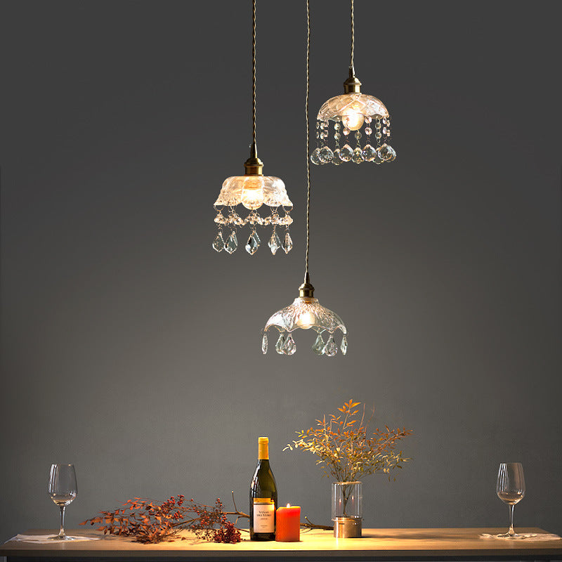 Brass 1-Head Ceiling Light Vintage Clear Glass Flower Pendant Light with Teardrop Crystals Clearhalo 'Ceiling Lights' 'Glass shade' 'Glass' 'Industrial Pendants' 'Industrial' 'Middle Century Pendants' 'Pendant Lights' 'Pendants' 'Tiffany' Lighting' 2546620