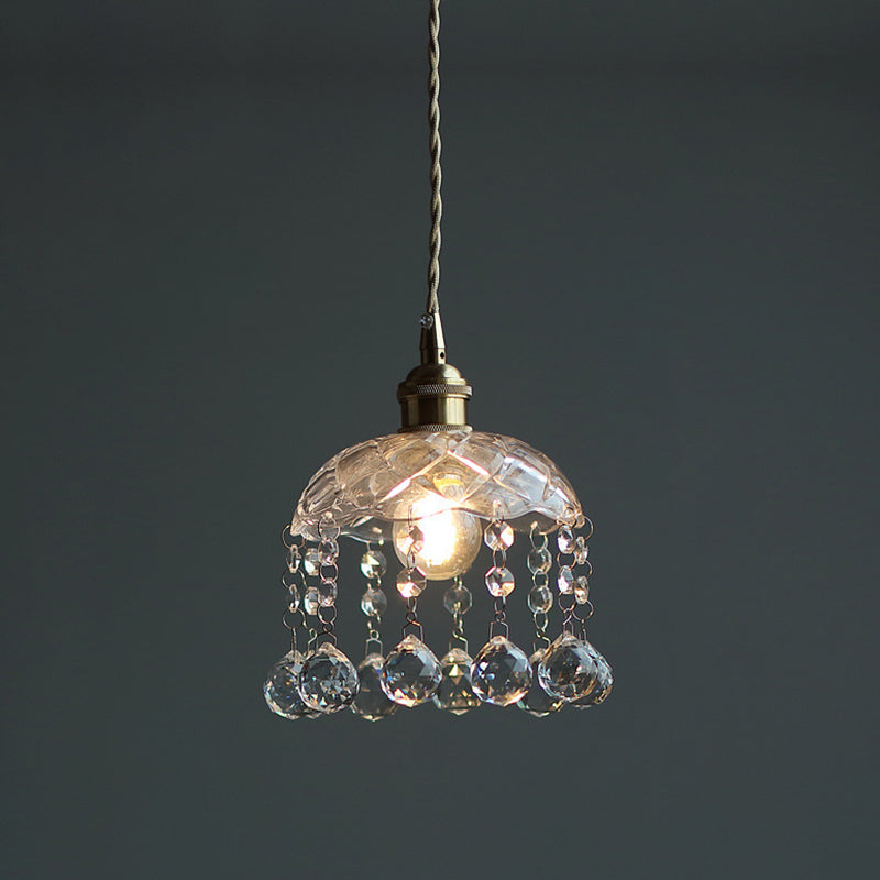 Brass 1-Head Ceiling Light Vintage Clear Glass Flower Pendant Light with Teardrop Crystals Brass Flower Clearhalo 'Ceiling Lights' 'Glass shade' 'Glass' 'Industrial Pendants' 'Industrial' 'Middle Century Pendants' 'Pendant Lights' 'Pendants' 'Tiffany' Lighting' 2546621