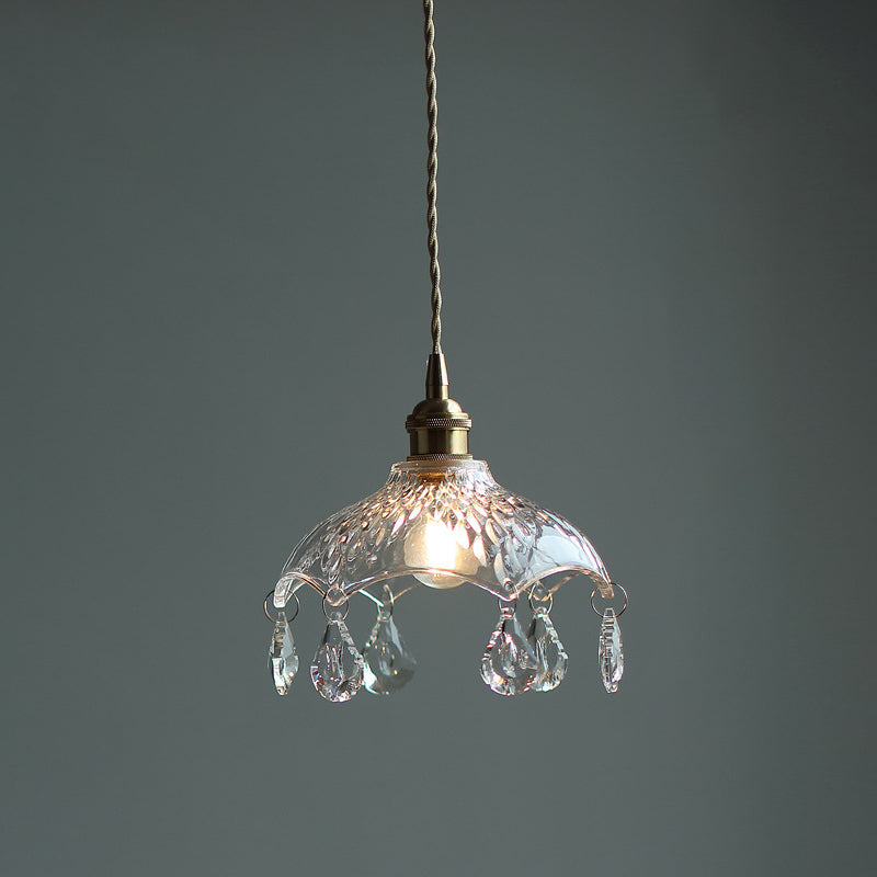 Brass 1-Head Ceiling Light Vintage Clear Glass Flower Pendant Light with Teardrop Crystals Clearhalo 'Ceiling Lights' 'Glass shade' 'Glass' 'Industrial Pendants' 'Industrial' 'Middle Century Pendants' 'Pendant Lights' 'Pendants' 'Tiffany' Lighting' 2546622