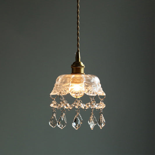 Brass 1-Head Ceiling Light Vintage Clear Glass Flower Pendant Light with Teardrop Crystals Brass Bowl Clearhalo 'Ceiling Lights' 'Glass shade' 'Glass' 'Industrial Pendants' 'Industrial' 'Middle Century Pendants' 'Pendant Lights' 'Pendants' 'Tiffany' Lighting' 2546623