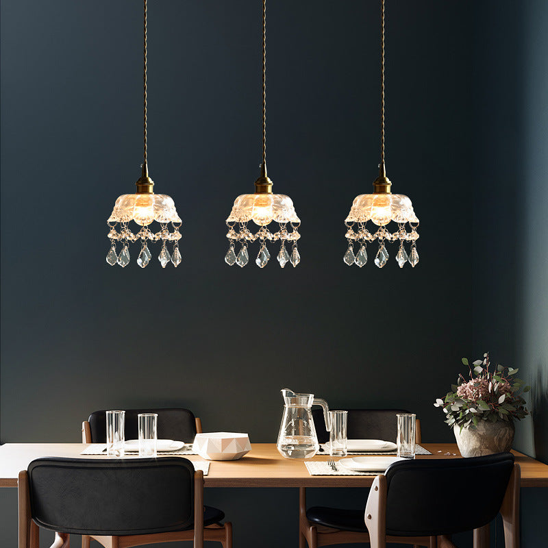Brass 1-Head Ceiling Light Vintage Clear Glass Flower Pendant Light with Teardrop Crystals Clearhalo 'Ceiling Lights' 'Glass shade' 'Glass' 'Industrial Pendants' 'Industrial' 'Middle Century Pendants' 'Pendant Lights' 'Pendants' 'Tiffany' Lighting' 2546625