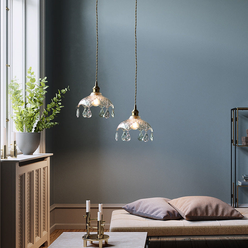 Brass 1-Head Ceiling Light Vintage Clear Glass Flower Pendant Light with Teardrop Crystals Clearhalo 'Ceiling Lights' 'Glass shade' 'Glass' 'Industrial Pendants' 'Industrial' 'Middle Century Pendants' 'Pendant Lights' 'Pendants' 'Tiffany' Lighting' 2546626