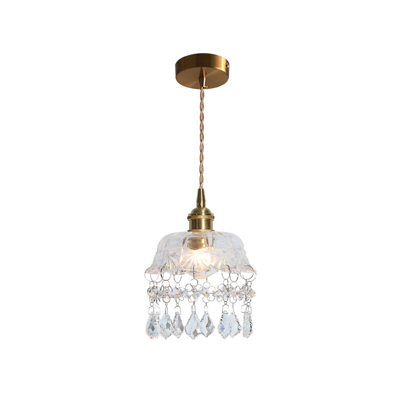 Brass 1-Head Ceiling Light Vintage Clear Glass Flower Pendant Light with Teardrop Crystals Clearhalo 'Ceiling Lights' 'Glass shade' 'Glass' 'Industrial Pendants' 'Industrial' 'Middle Century Pendants' 'Pendant Lights' 'Pendants' 'Tiffany' Lighting' 2546627