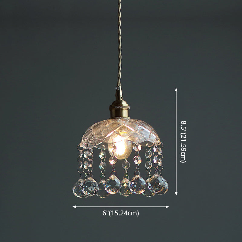 Brass 1-Head Ceiling Light Vintage Clear Glass Flower Pendant Light with Teardrop Crystals Clearhalo 'Ceiling Lights' 'Glass shade' 'Glass' 'Industrial Pendants' 'Industrial' 'Middle Century Pendants' 'Pendant Lights' 'Pendants' 'Tiffany' Lighting' 2546628
