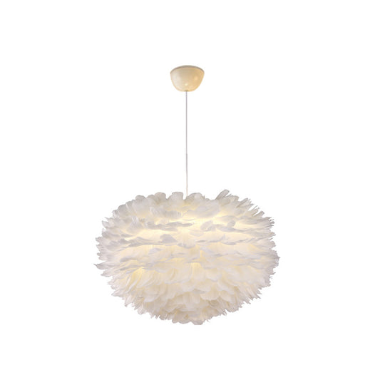 White Globe Shaped Hanging Chandelier Nordic Style Feather Suspended Lighting Fixture White 17" Clearhalo 'Ceiling Lights' 'Chandeliers' 'Modern Chandeliers' 'Modern' Lighting' 2546655