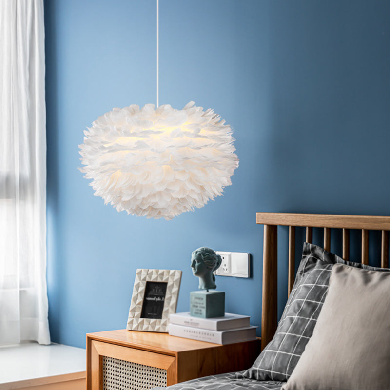 White Globe Shaped Hanging Chandelier Nordic Style Feather Suspended Lighting Fixture Clearhalo 'Ceiling Lights' 'Chandeliers' 'Modern Chandeliers' 'Modern' Lighting' 2546656