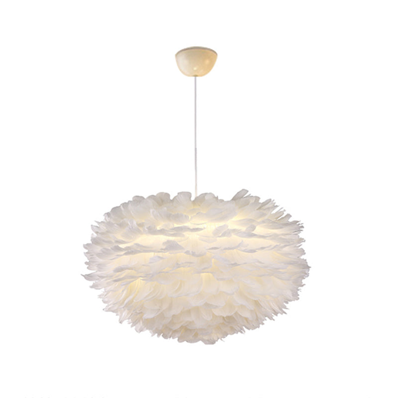 White Globe Shaped Hanging Chandelier Nordic Style Feather Suspended Lighting Fixture White 23.5" Clearhalo 'Ceiling Lights' 'Chandeliers' 'Modern Chandeliers' 'Modern' Lighting' 2546660