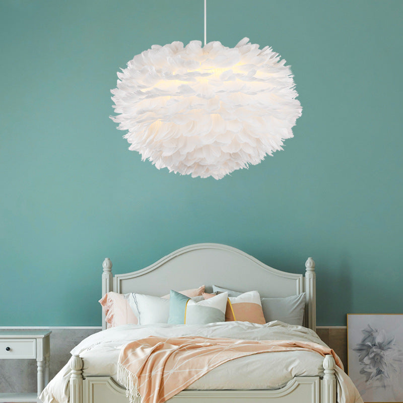 White Globe Shaped Hanging Chandelier Nordic Style Feather Suspended Lighting Fixture Clearhalo 'Ceiling Lights' 'Chandeliers' 'Modern Chandeliers' 'Modern' Lighting' 2546661
