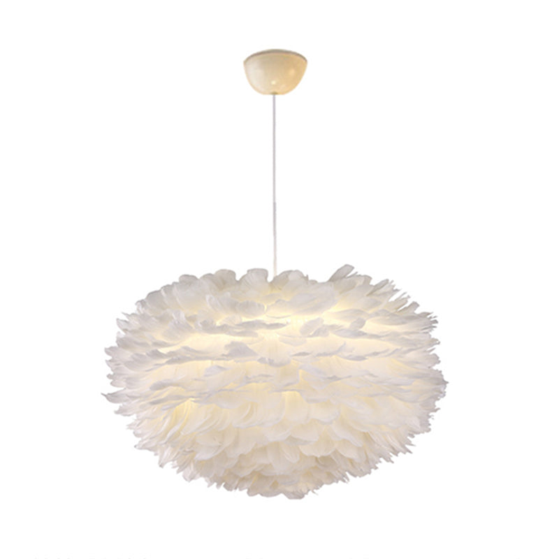 White Globe Shaped Hanging Chandelier Nordic Style Feather Suspended Lighting Fixture White 27.5" Clearhalo 'Ceiling Lights' 'Chandeliers' 'Modern Chandeliers' 'Modern' Lighting' 2546662
