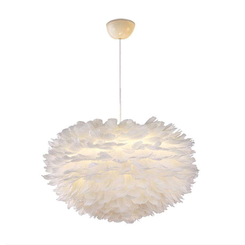 White Globe Shaped Hanging Chandelier Nordic Style Feather Suspended Lighting Fixture White 31.5" Clearhalo 'Ceiling Lights' 'Chandeliers' 'Modern Chandeliers' 'Modern' Lighting' 2546664