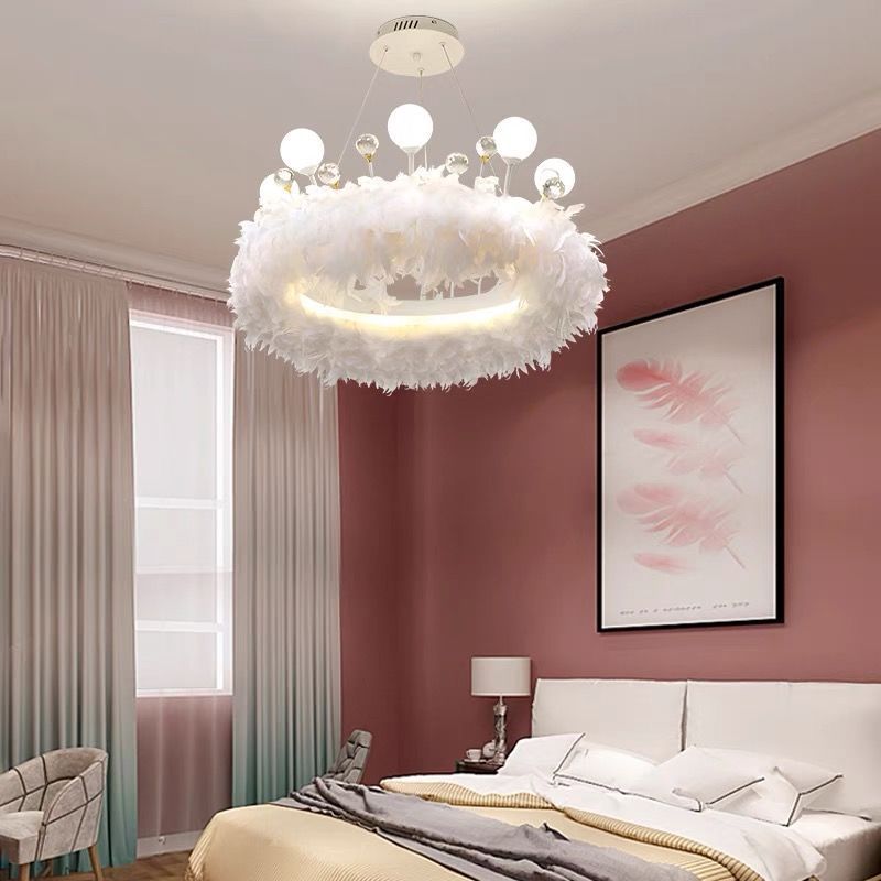 Feather Hanging Light Fixture Modernist White Chandelier Pendant Light for Bedroom Clearhalo 'Ceiling Lights' 'Chandeliers' 'Modern Chandeliers' 'Modern' Lighting' 2546675