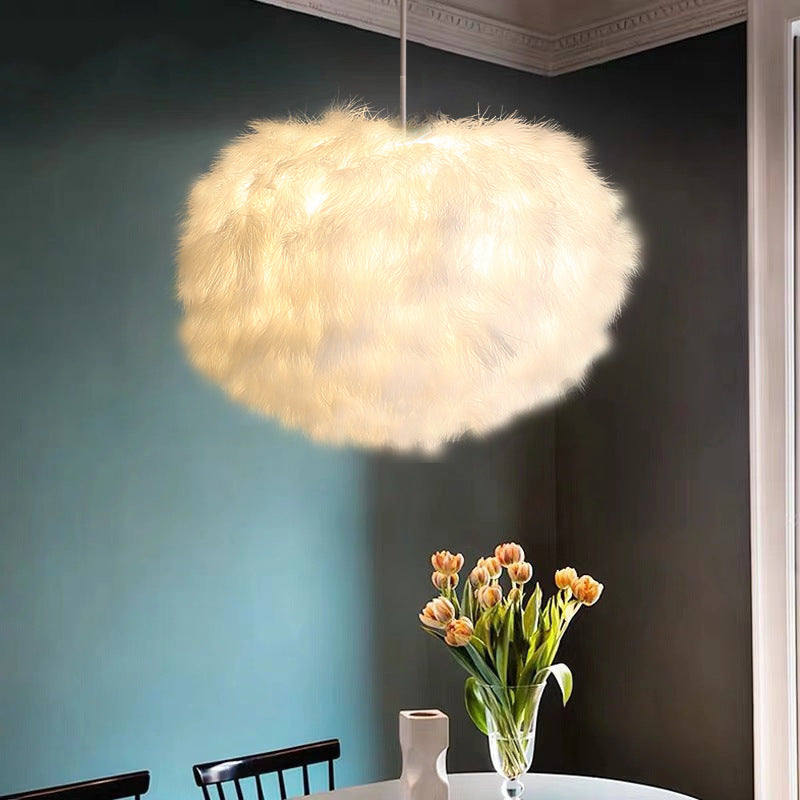 Fluffy Spherical Chandelier Simplicity Feather Dining Room Ceiling Light in White Clearhalo 'Ceiling Lights' 'Chandeliers' 'Modern Chandeliers' 'Modern' Lighting' 2546696