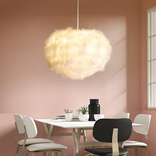 Fluffy Spherical Chandelier Simplicity Feather Dining Room Ceiling Light in White Clearhalo 'Ceiling Lights' 'Chandeliers' 'Modern Chandeliers' 'Modern' Lighting' 2546699