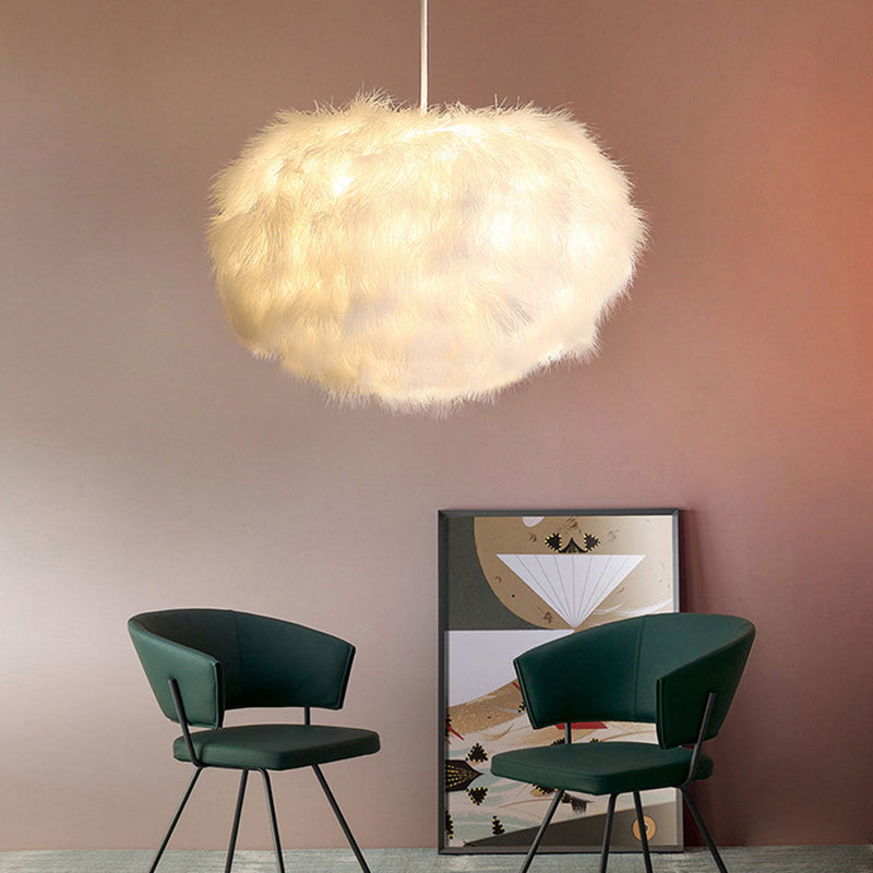 Fluffy Spherical Chandelier Simplicity Feather Dining Room Ceiling Light in White Clearhalo 'Ceiling Lights' 'Chandeliers' 'Modern Chandeliers' 'Modern' Lighting' 2546700