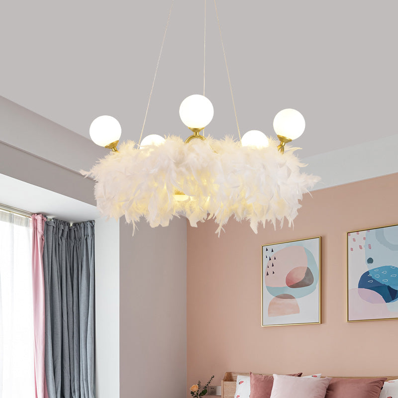 Feather Crown Suspension Lighting Nordic Gold and White Chandelier for Girls Room Gold Clearhalo 'Ceiling Lights' 'Chandeliers' 'Modern Chandeliers' 'Modern' Lighting' 2546708