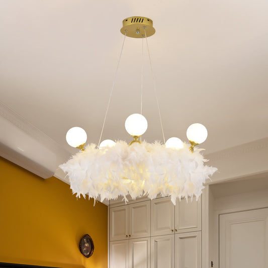 Feather Crown Suspension Lighting Nordic Gold and White Chandelier for Girls Room Clearhalo 'Ceiling Lights' 'Chandeliers' 'Modern Chandeliers' 'Modern' Lighting' 2546710
