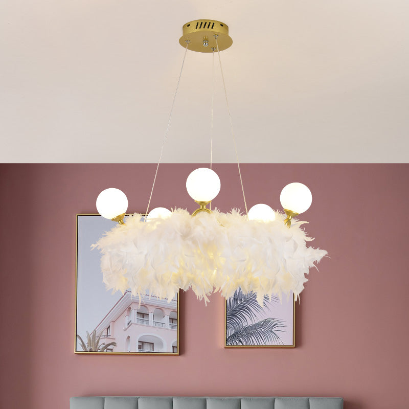 Feather Crown Suspension Lighting Nordic Gold and White Chandelier for Girls Room Clearhalo 'Ceiling Lights' 'Chandeliers' 'Modern Chandeliers' 'Modern' Lighting' 2546712