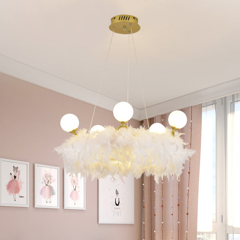 Feather Crown Suspension Lighting Nordic Gold and White Chandelier for Girls Room Clearhalo 'Ceiling Lights' 'Chandeliers' 'Modern Chandeliers' 'Modern' Lighting' 2546713
