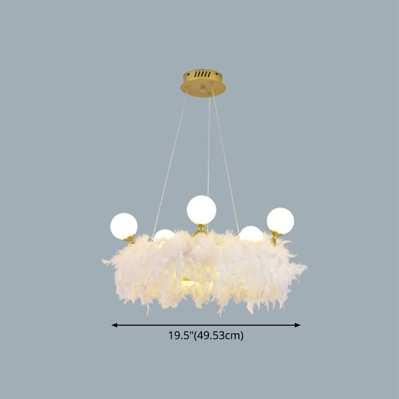 Feather Crown Suspension Lighting Nordic Gold and White Chandelier for Girls Room Clearhalo 'Ceiling Lights' 'Chandeliers' 'Modern Chandeliers' 'Modern' Lighting' 2546714