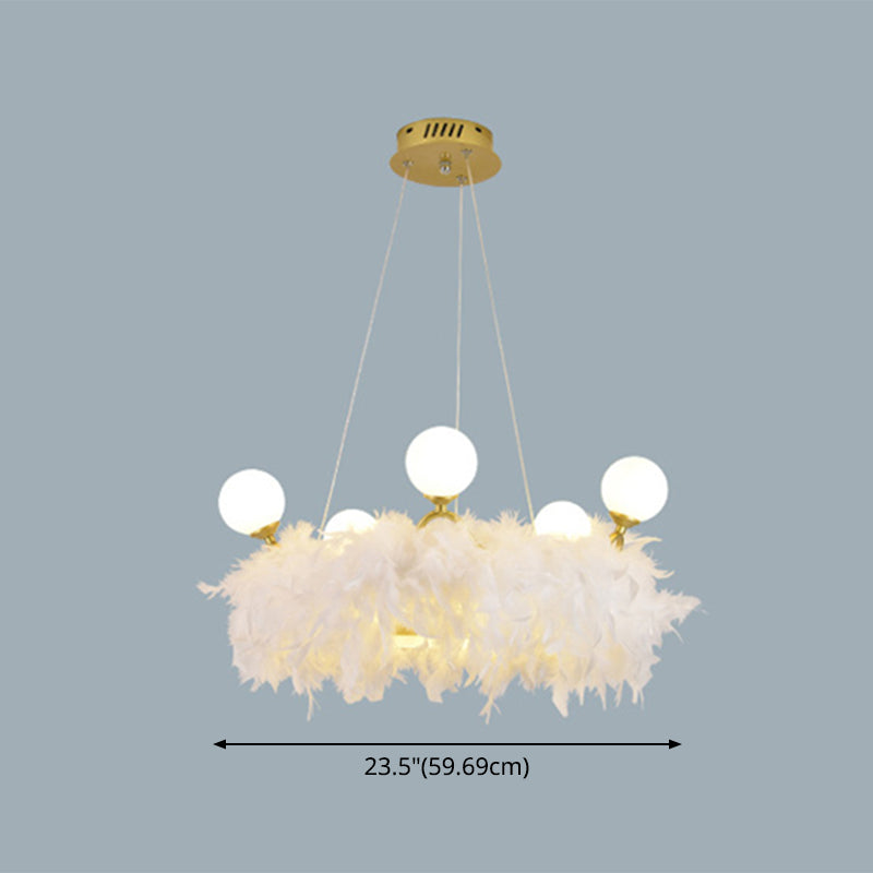 Feather Crown Suspension Lighting Nordic Gold and White Chandelier for Girls Room Clearhalo 'Ceiling Lights' 'Chandeliers' 'Modern Chandeliers' 'Modern' Lighting' 2546715