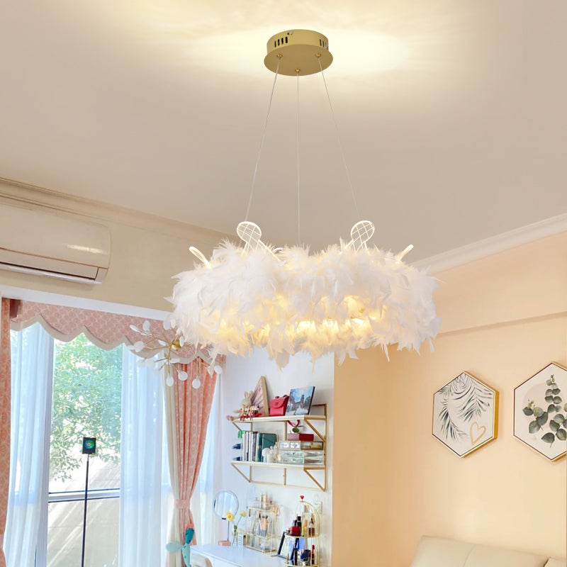 Feather Crown Suspension Lighting Nordic Gold and White Chandelier for Girls Room Clearhalo 'Ceiling Lights' 'Chandeliers' 'Modern Chandeliers' 'Modern' Lighting' 2546716